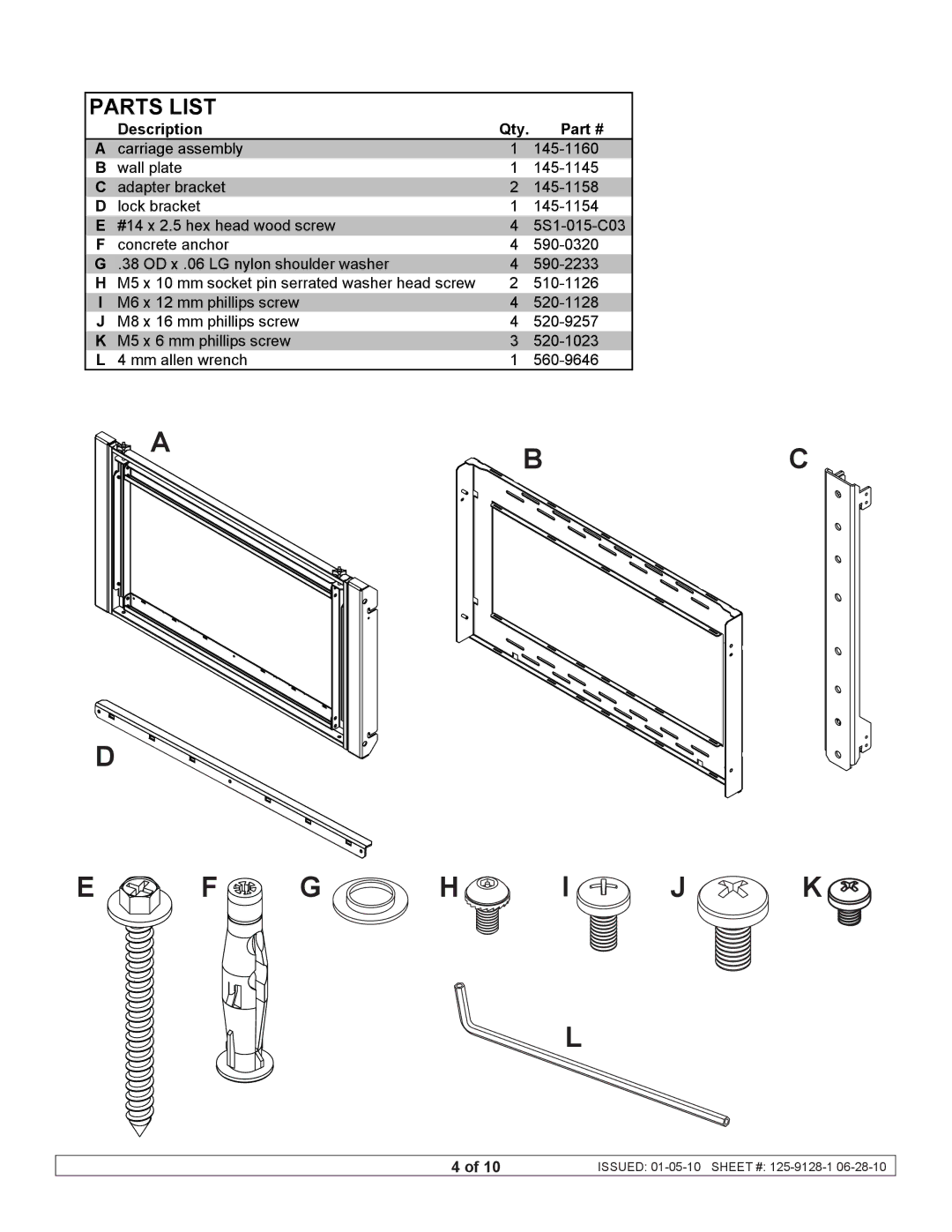 Peerless Industries DS-VW660 manual G H I J K, Parts List 