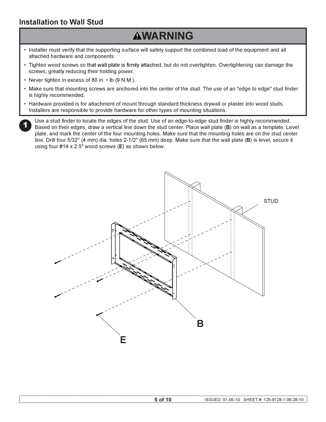 Peerless Industries DS-VW660 manual Installation to Wall Stud 