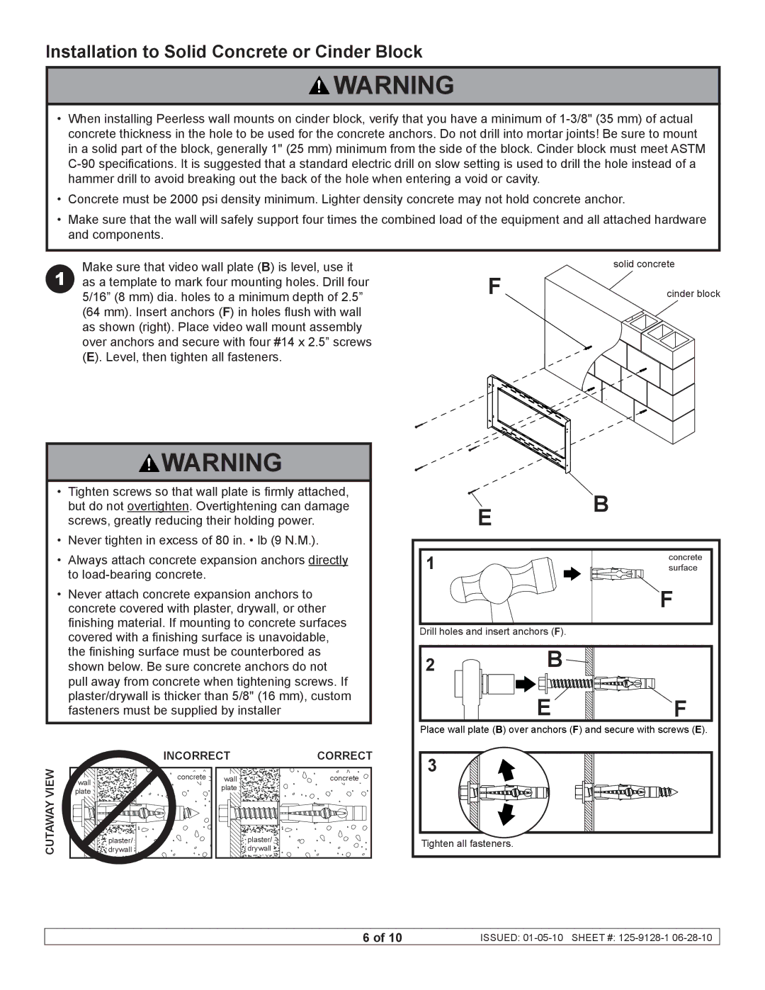 Peerless Industries DS-VW660 manual Installation to Solid Concrete or Cinder Block, View Incorrect Correct 