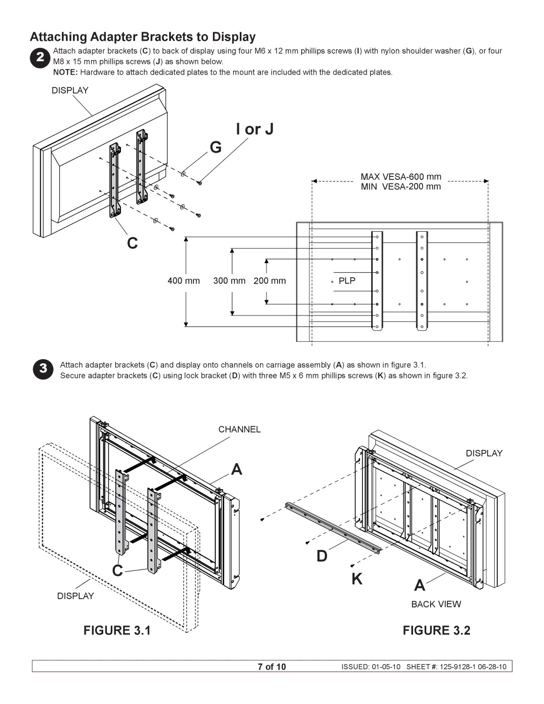 Peerless Industries DS-VW660 manual Or J, Attaching Adapter Brackets to Display 