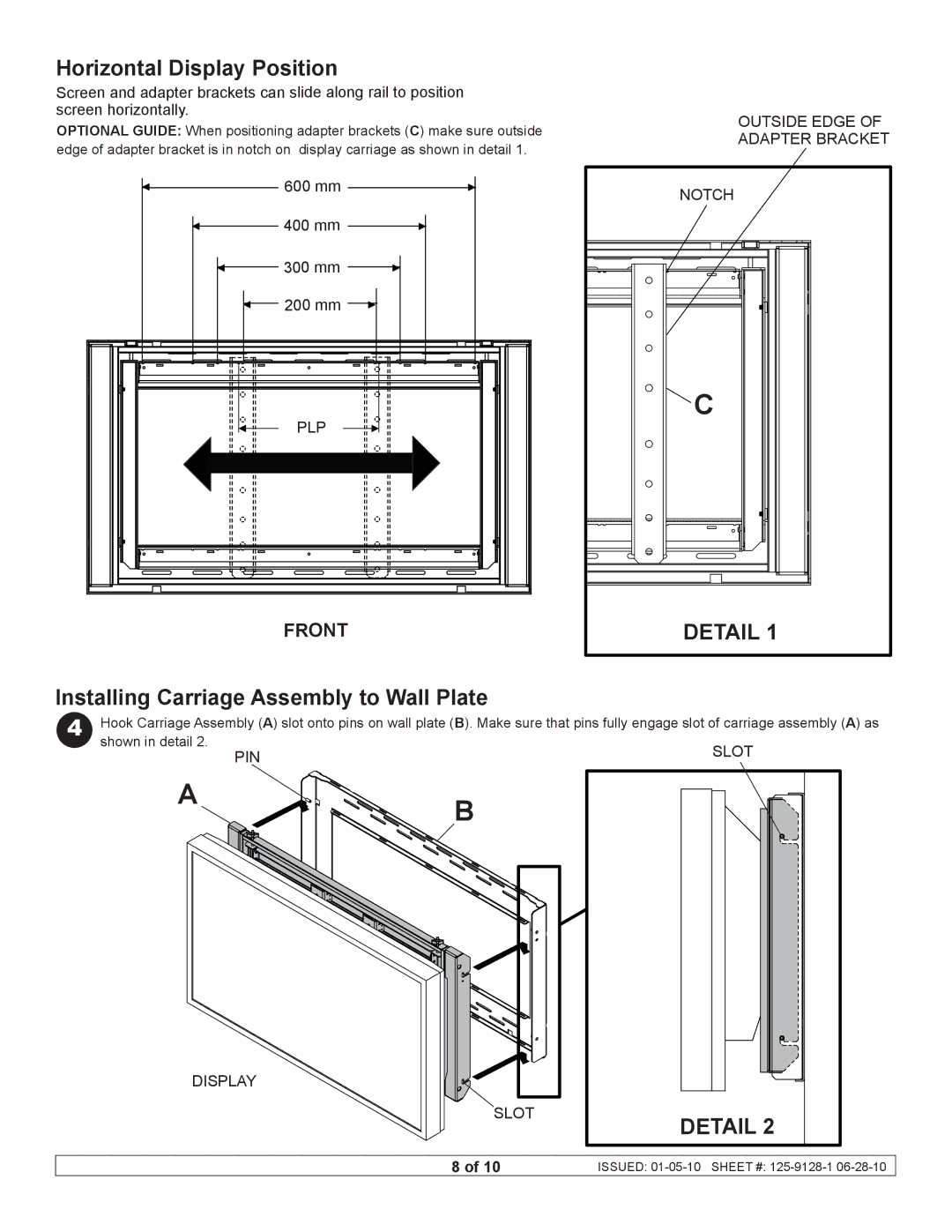 Peerless Industries DS-VW660 manual Detail, Installing Carriage Assembly to Wall Plate 