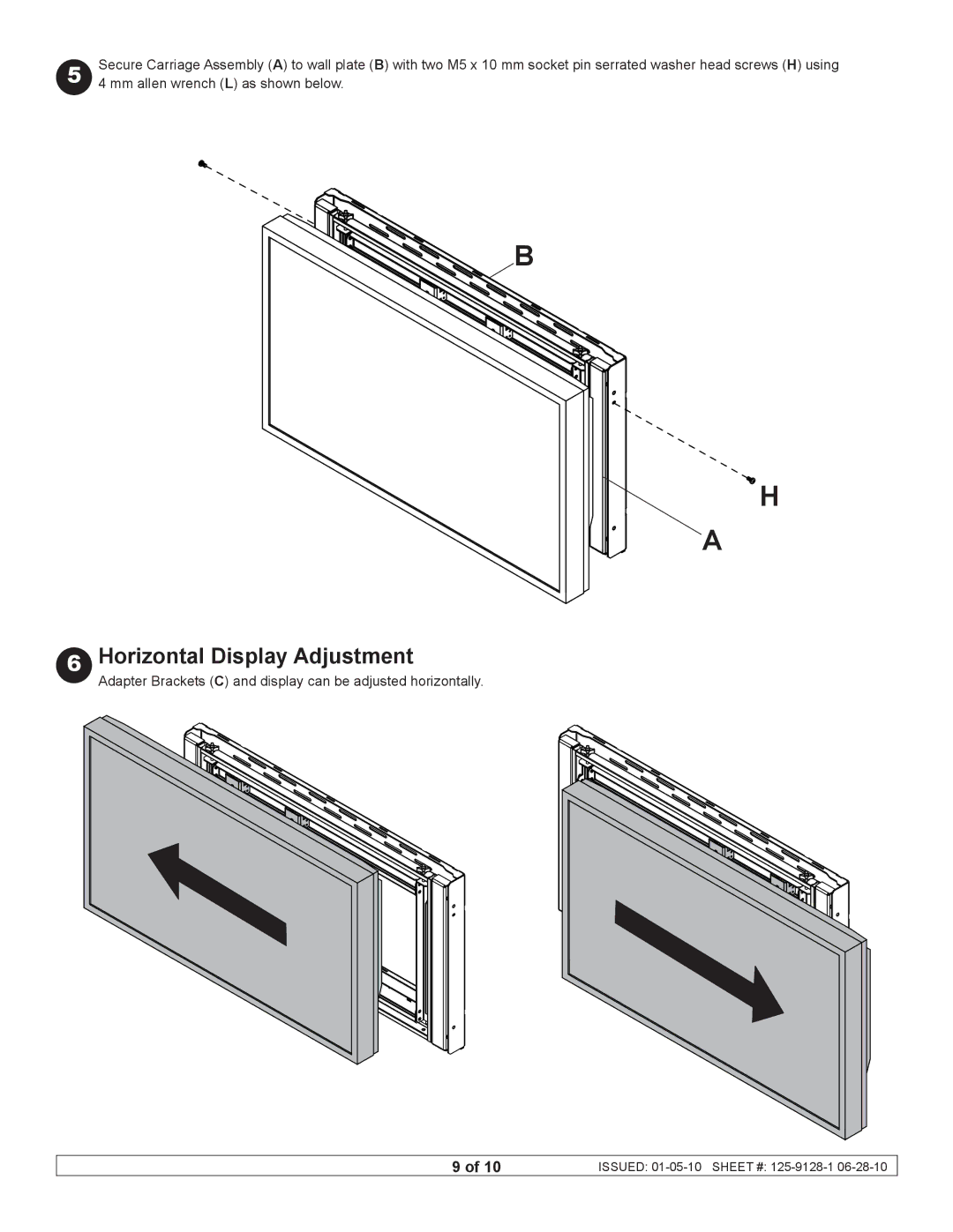 Peerless Industries DS-VW660 manual Horizontal Display Adjustment 