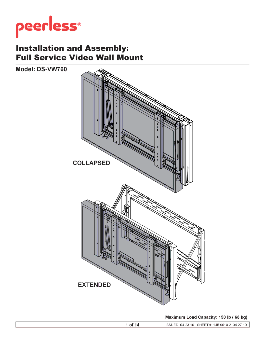 Peerless Industries manual Installation and Assembly Full Service Video Wall Mount, Model DS-VW760 