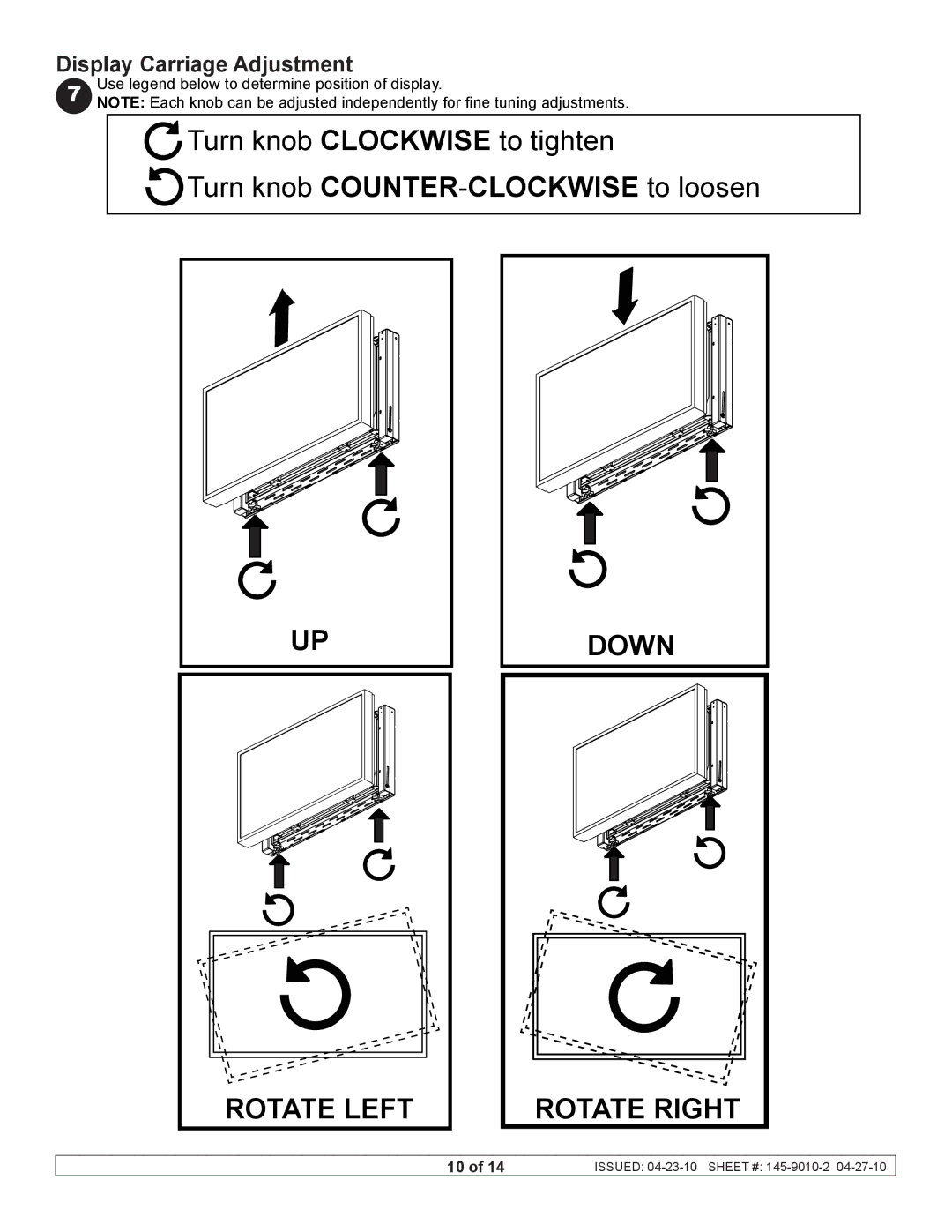 Peerless Industries DS-VW760 manual Down Rotate Left Rotate Right, Display Carriage Adjustment 