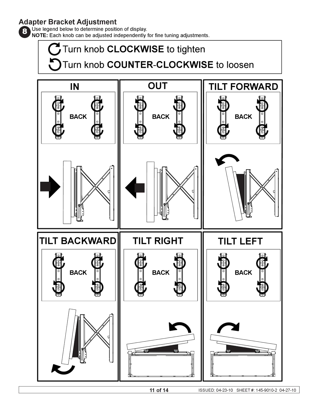 Peerless Industries DS-VW760 manual Adapter Bracket Adjustment 