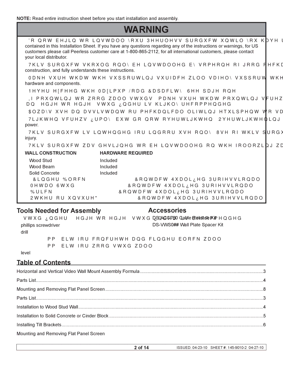 Peerless Industries DS-VW760 manual Tools Needed for Assembly Accessories, Table of Contents 