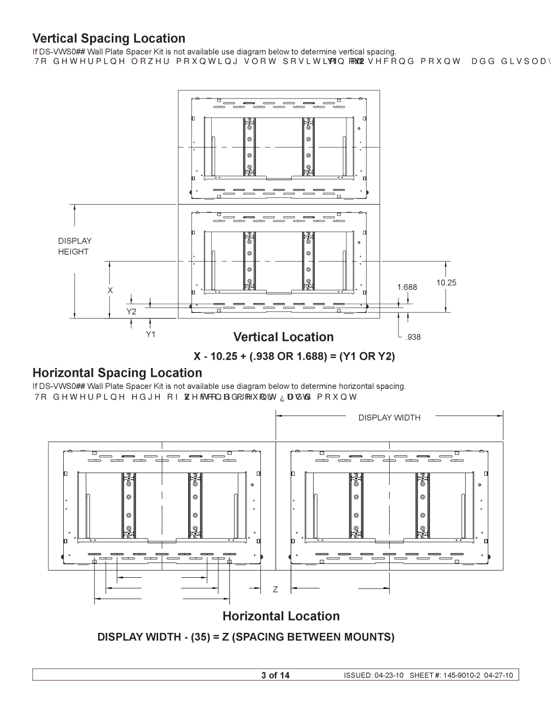 Peerless Industries DS-VW760 manual Vertical Spacing Location, Vertical Location, Horizontal Spacing Location 