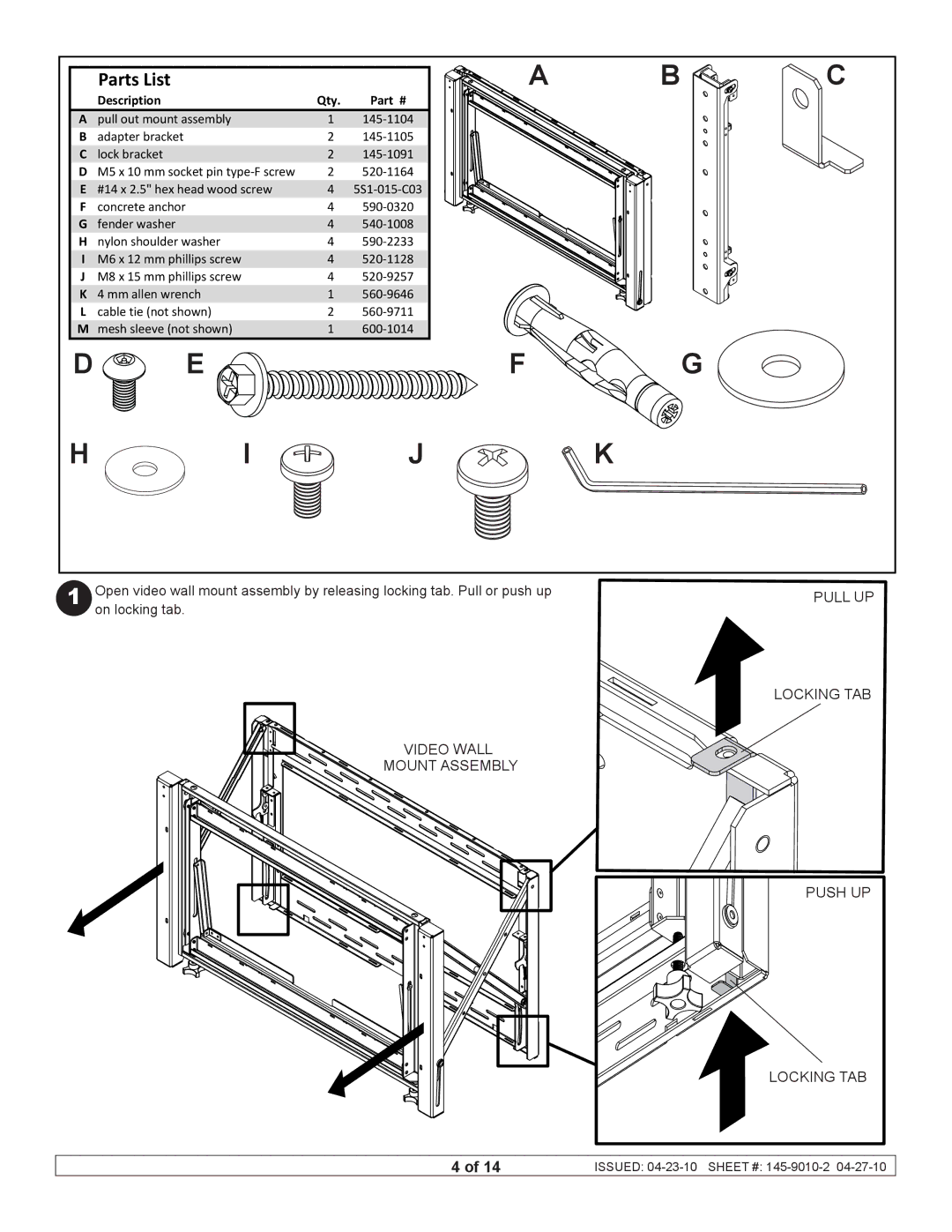 Peerless Industries DS-VW760 manual Parts List 