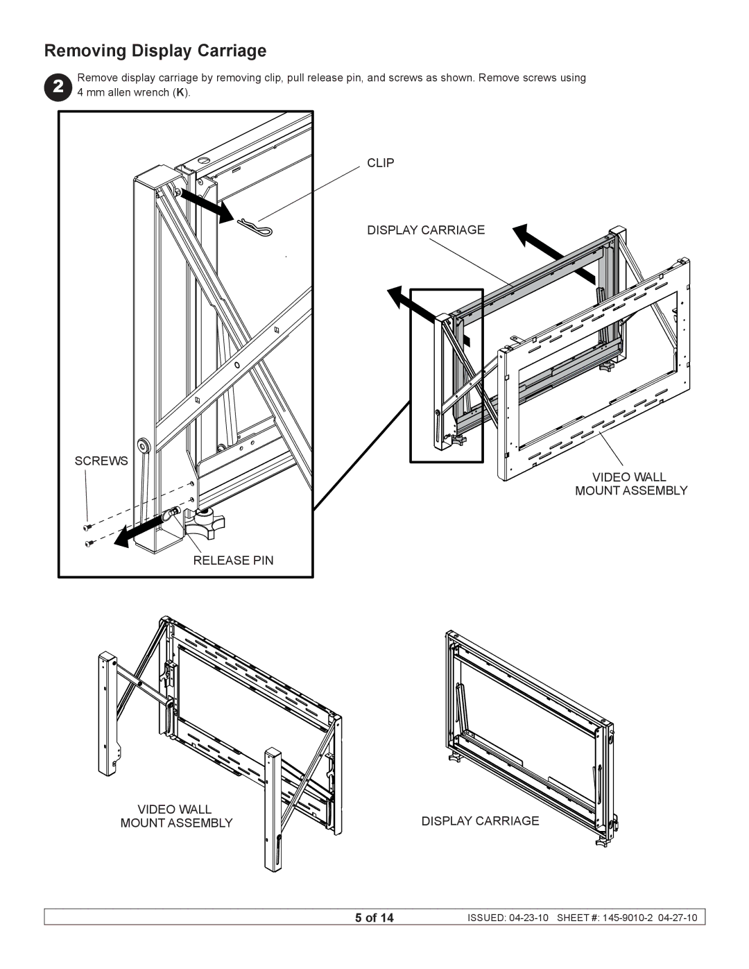 Peerless Industries DS-VW760 manual Removing Display Carriage 