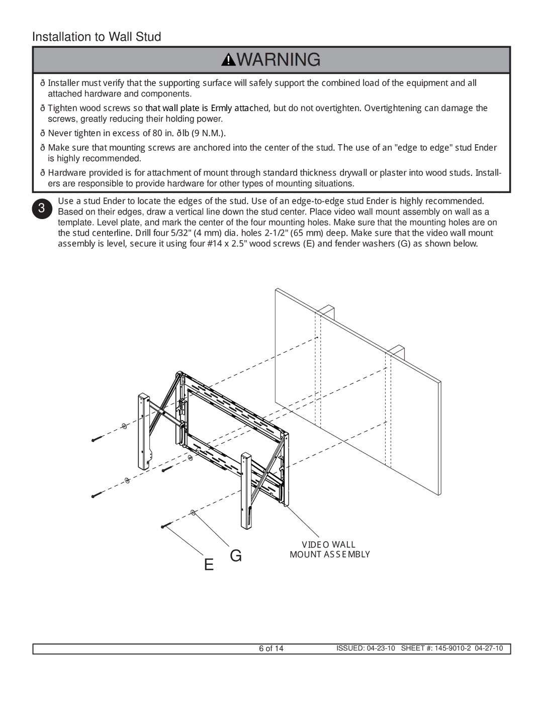 Peerless Industries DS-VW760 manual Installation to Wall Stud 