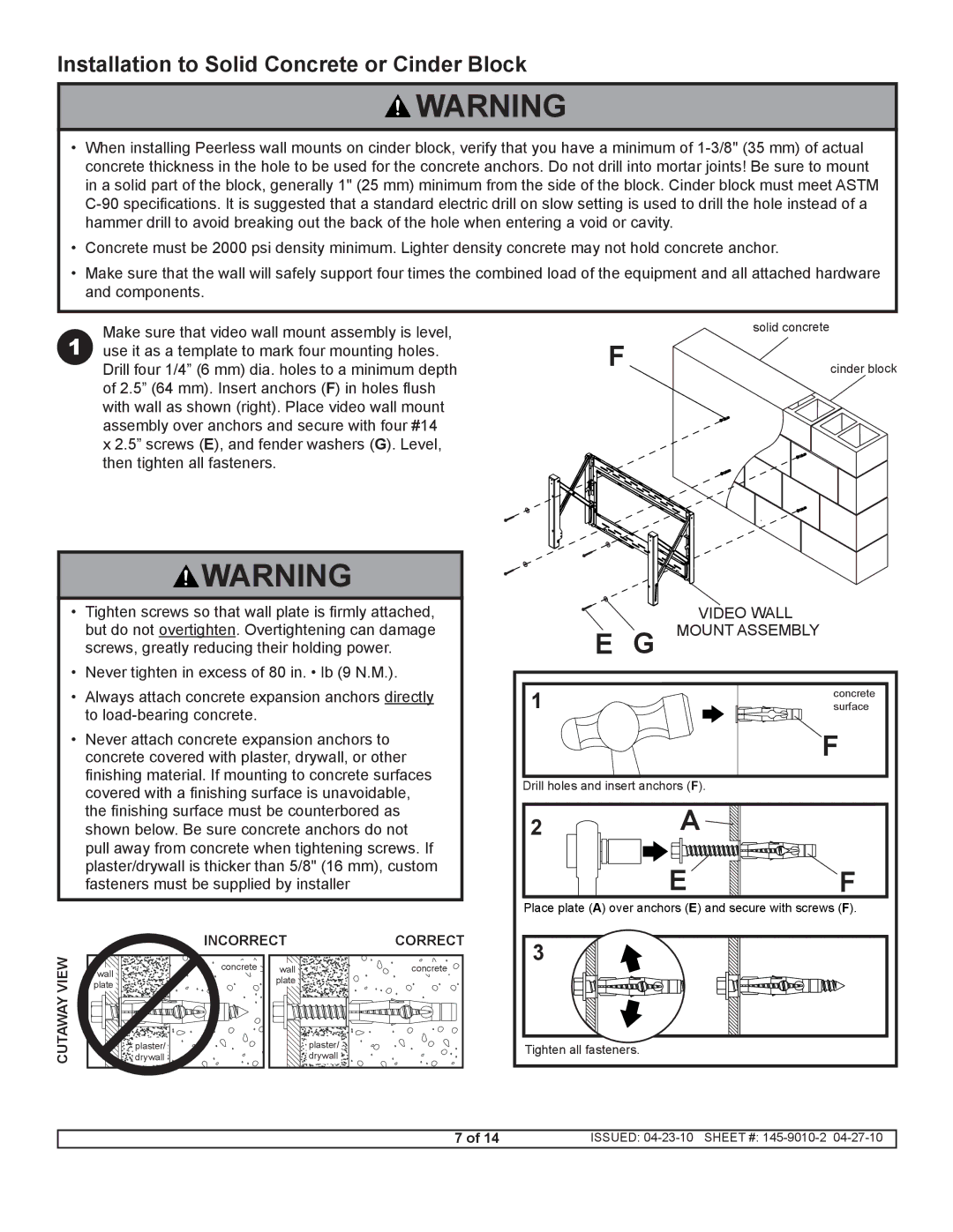 Peerless Industries DS-VW760 manual Installation to Solid Concrete or Cinder Block 