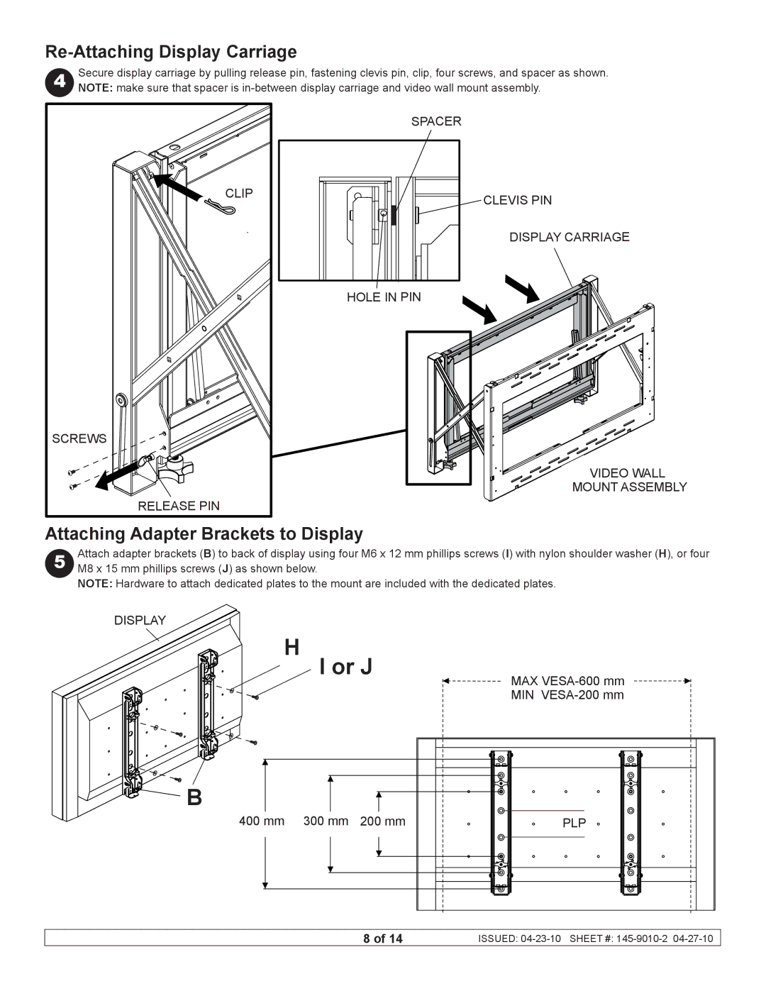 Peerless Industries DS-VW760 manual Re-Attaching Display Carriage, Attaching Adapter Brackets to Display 