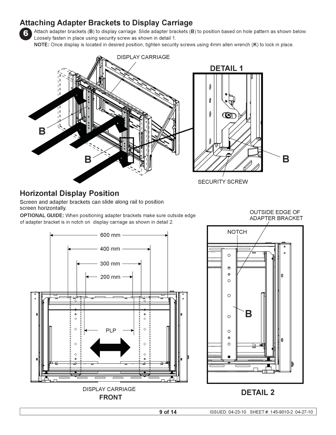 Peerless Industries DS-VW760 manual Attaching Adapter Brackets to Display Carriage, Detail 