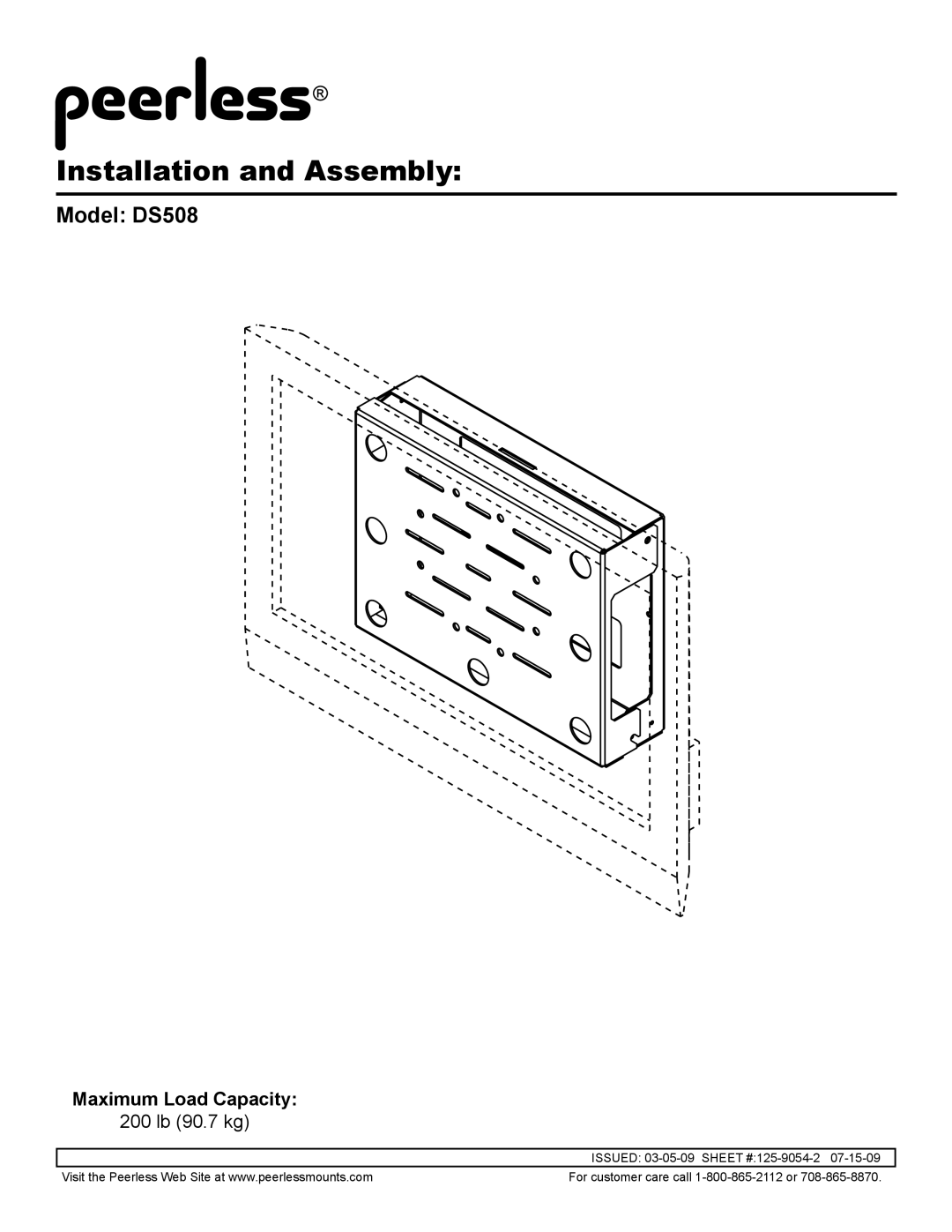 Peerless Industries manual Installation and Assembly, Model DS508 