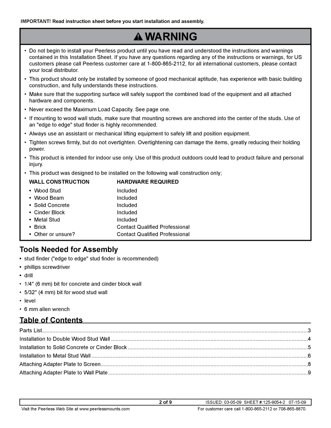 Peerless Industries DS508 manual Tools Needed for Assembly, Table of Contents 