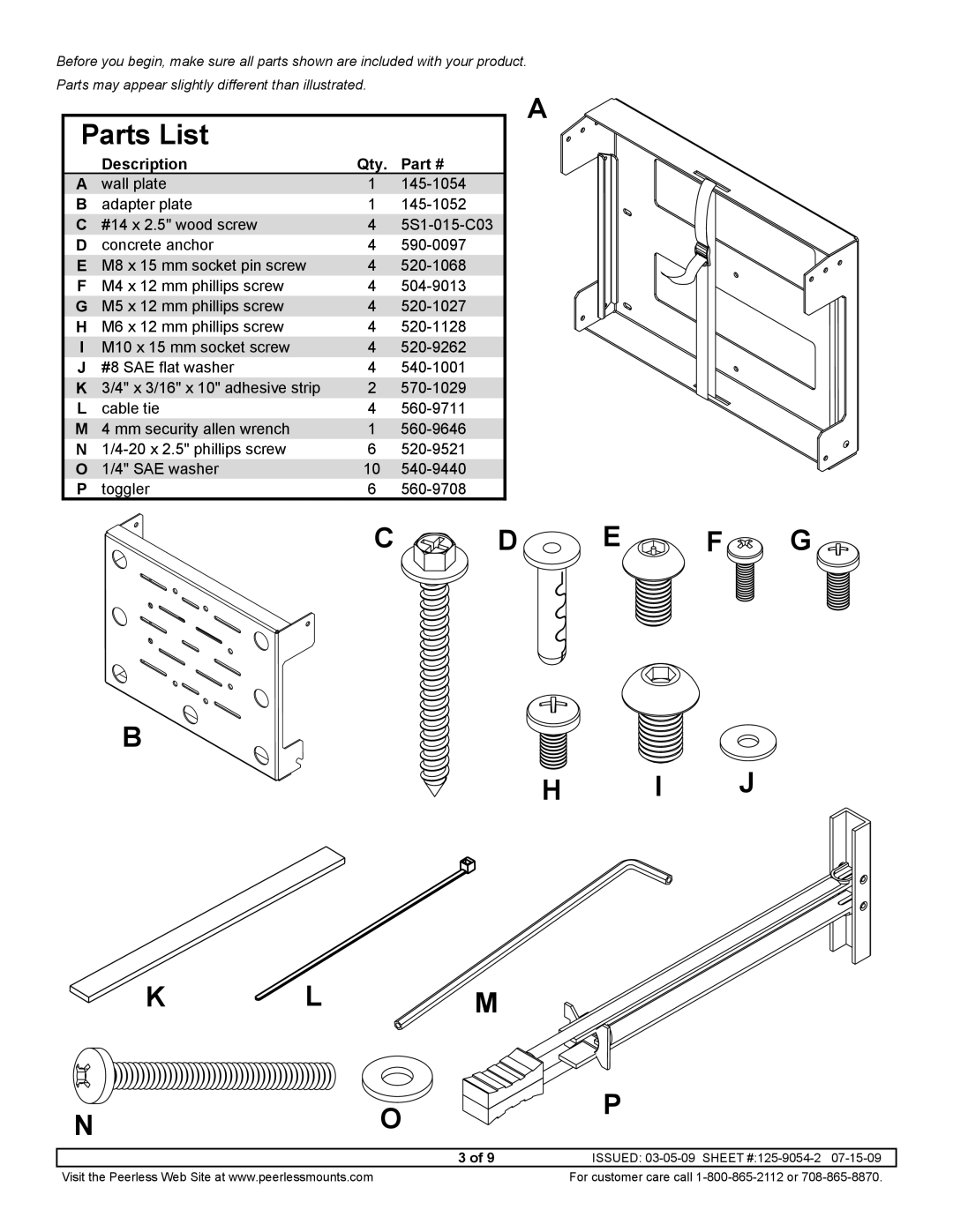 Peerless Industries DS508 manual Parts List, Description Qty 