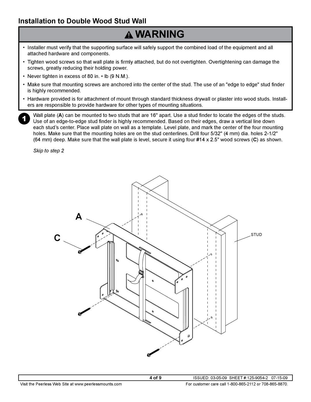 Peerless Industries DS508 manual Installation to Double Wood Stud Wall 