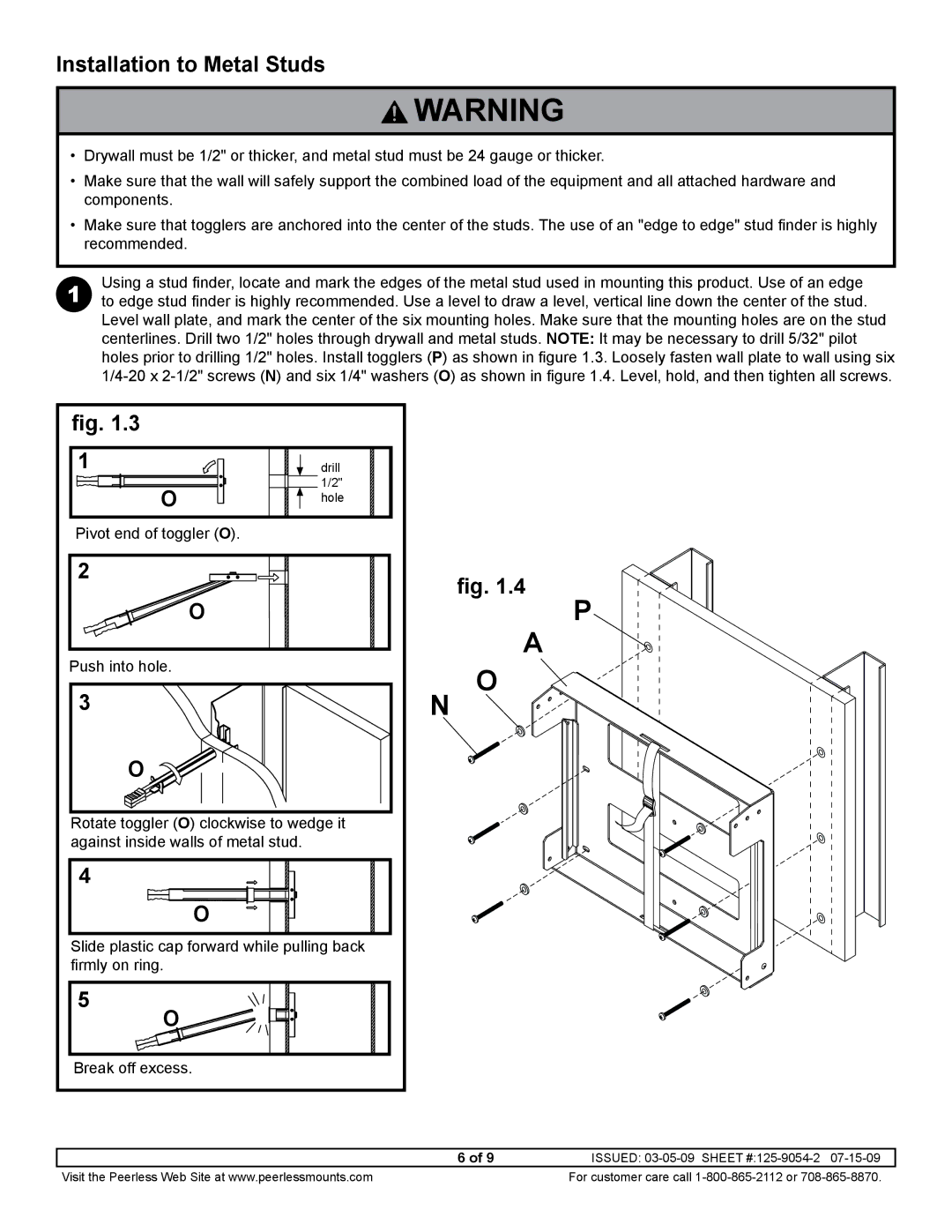 Peerless Industries DS508 manual Installation to Metal Studs 