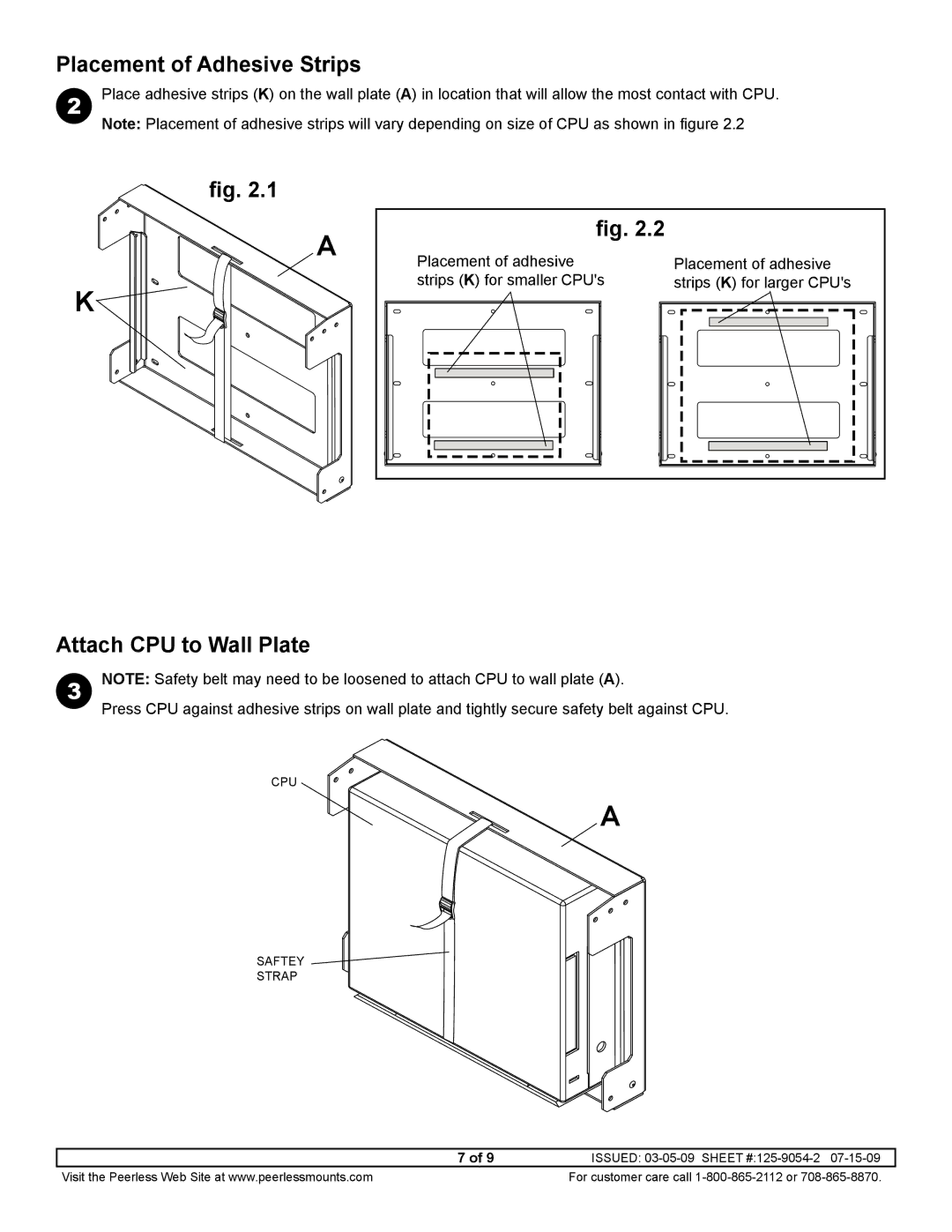 Peerless Industries DS508 manual Placement of Adhesive Strips, Attach CPU to Wall Plate 