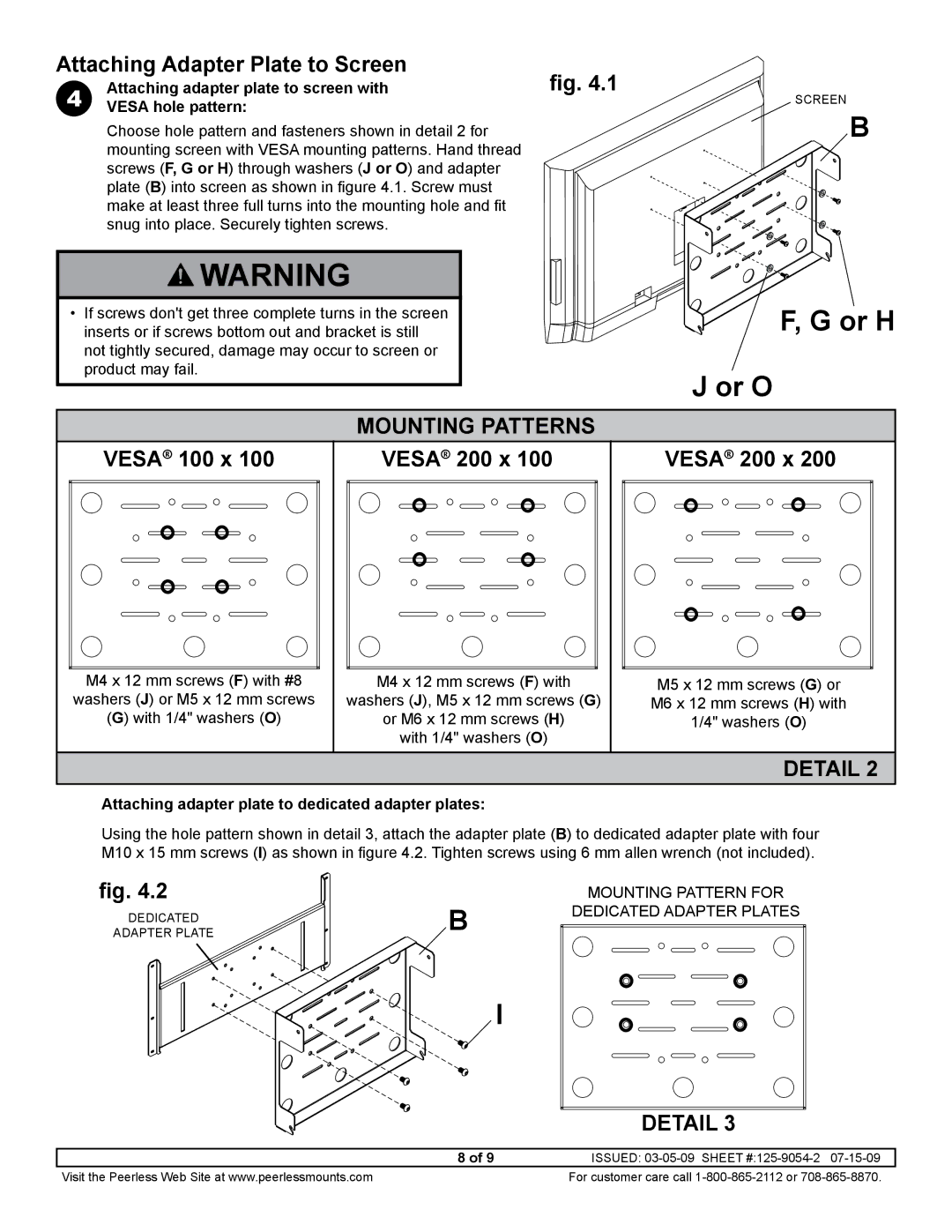 Peerless Industries DS508 manual Or H Or O, Attaching Adapter Plate to Screen, Vesa 100 x Vesa 200 x 