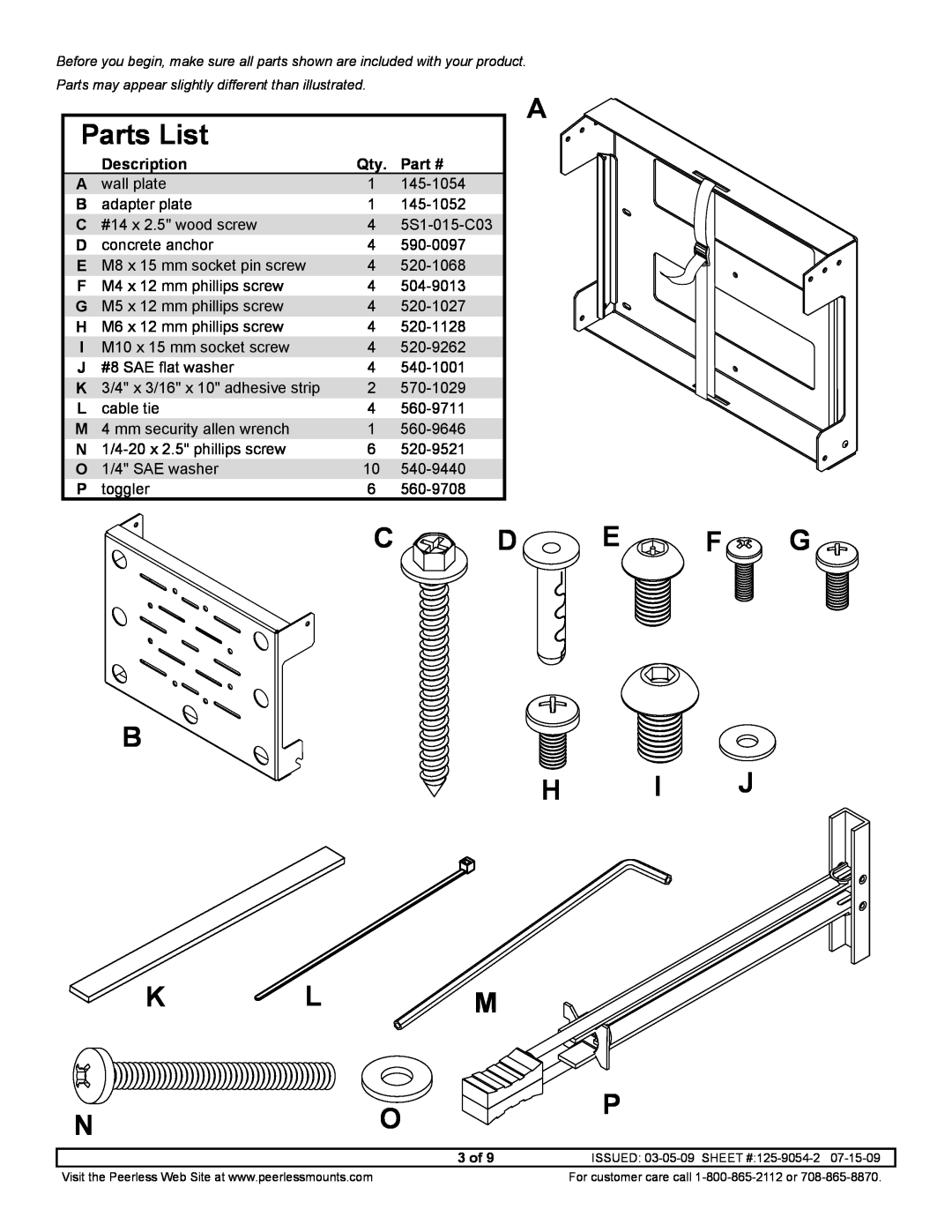 Peerless Industries DS508 manual Parts List, C D E F G B H I J K L M, Description 