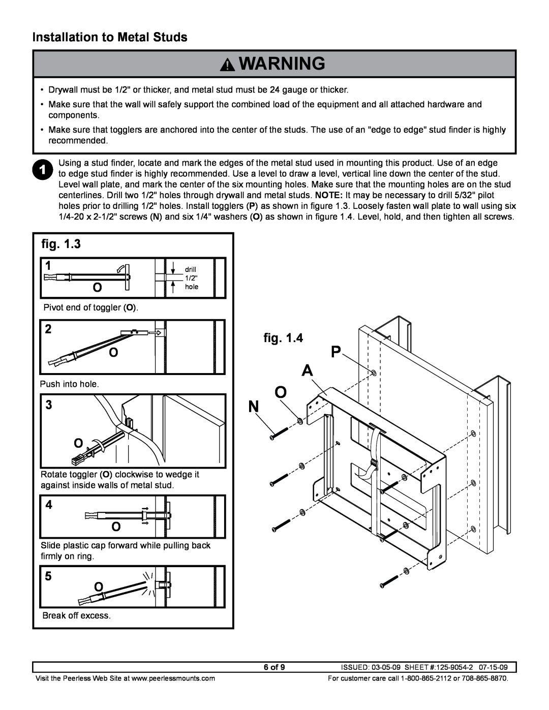 Peerless Industries DS508 manual Installation to Metal Studs, fig 