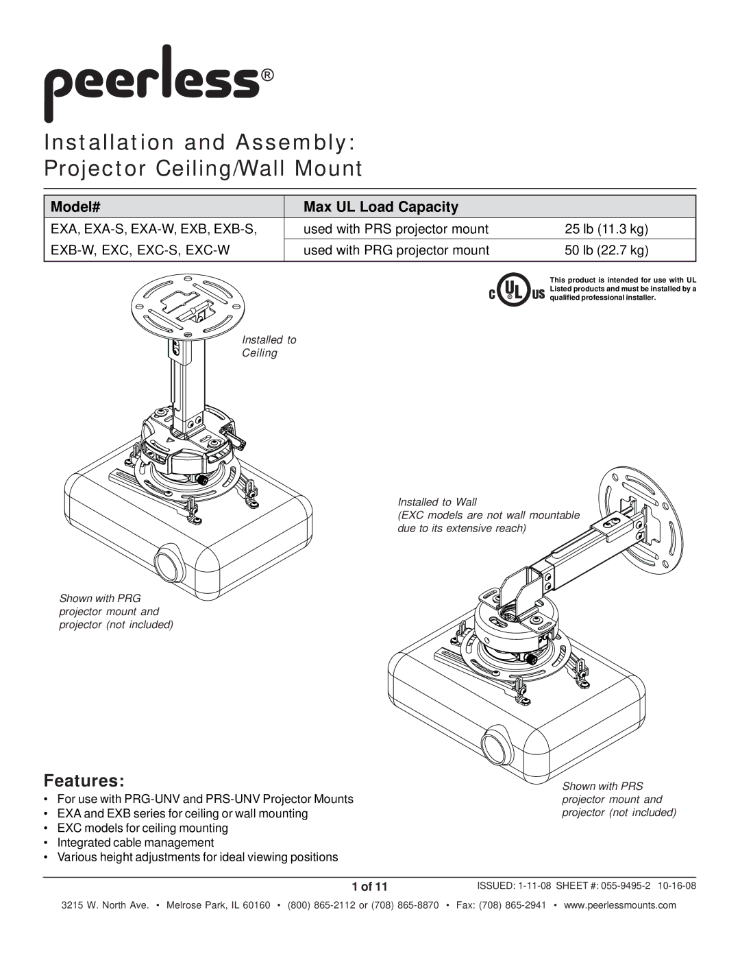 Peerless Industries EXB-S, EXC-S, EXB-W, EXA-W, EXA-S manual Installation and Assembly Projector Ceiling/Wall Mount, Features 