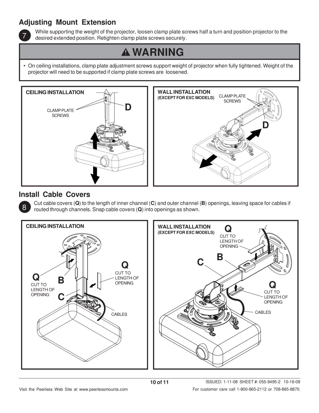 Peerless Industries EXB-S, EXC-S Adjusting Mount Extension, Install Cable Covers, Ceiling Installation Wall Installation 