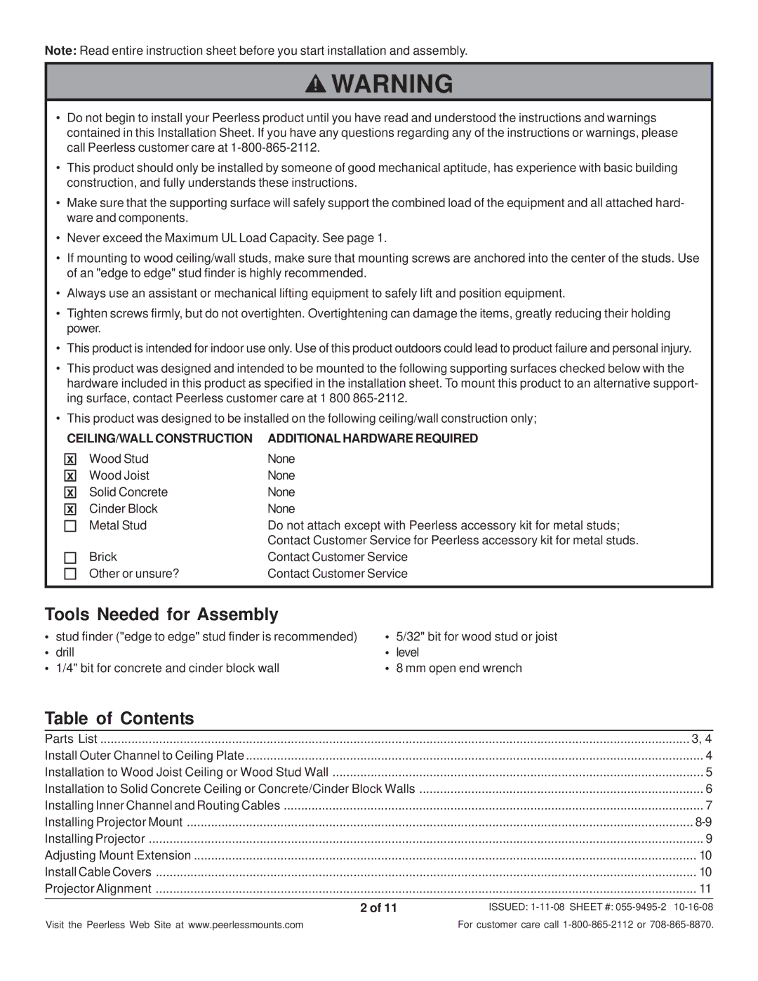 Peerless Industries EXB-W, EXC-S, EXB-S, EXA-W, EXA-S, EXC-W manual Tools Needed for Assembly, Table of Contents 