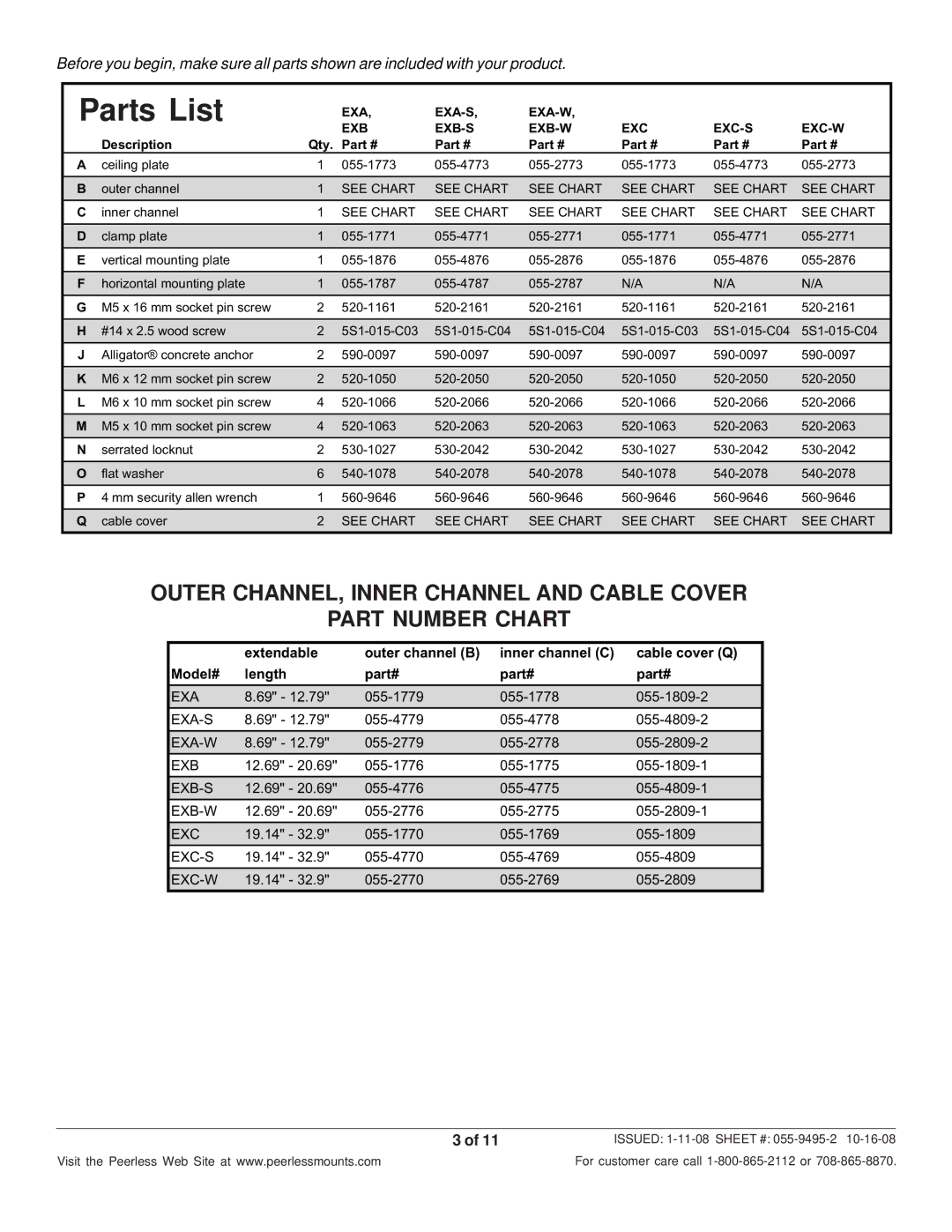 Peerless Industries EXA-W, EXC-S, EXB-S, EXB-W, EXA-S, EXC-W manual Parts List 