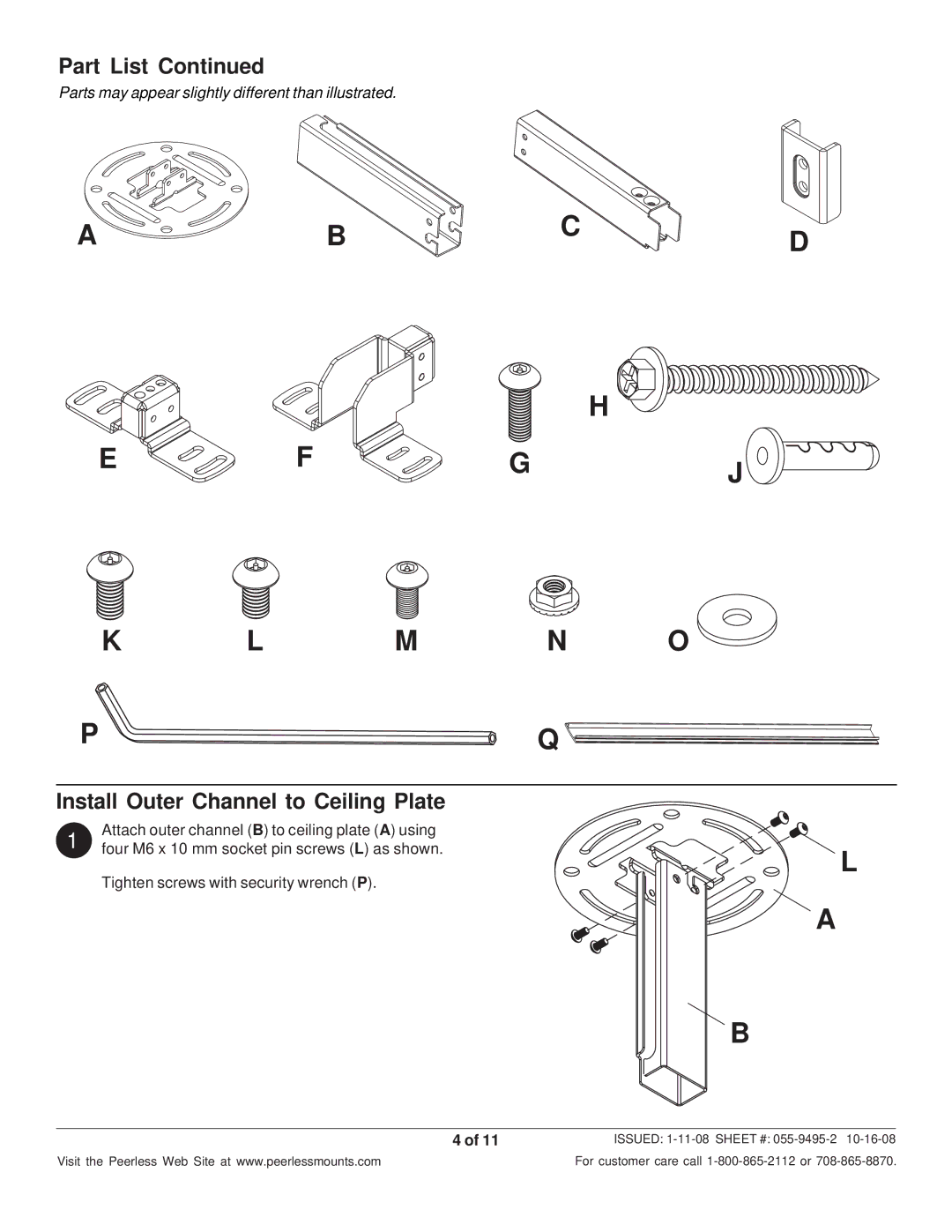 Peerless Industries EXC-S, EXB-S, EXB-W, EXA-W, EXA-S, EXC-W manual Part List, Install Outer Channel to Ceiling Plate 