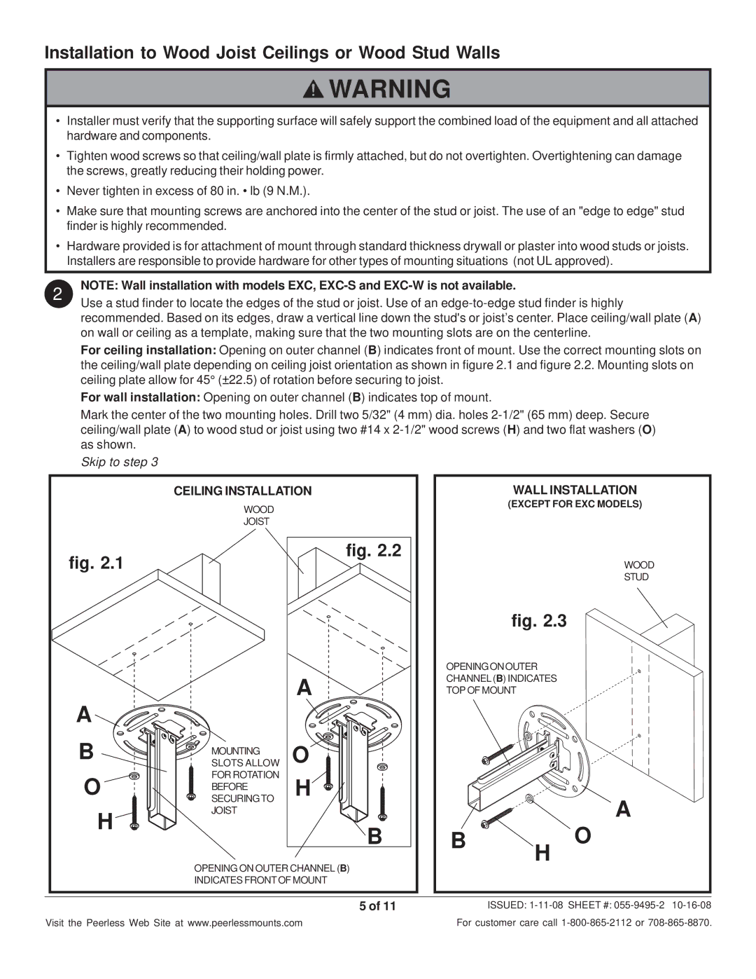 Peerless Industries EXA-S Installation to Wood Joist Ceilings or Wood Stud Walls, Ceiling Installation Wall Installation 