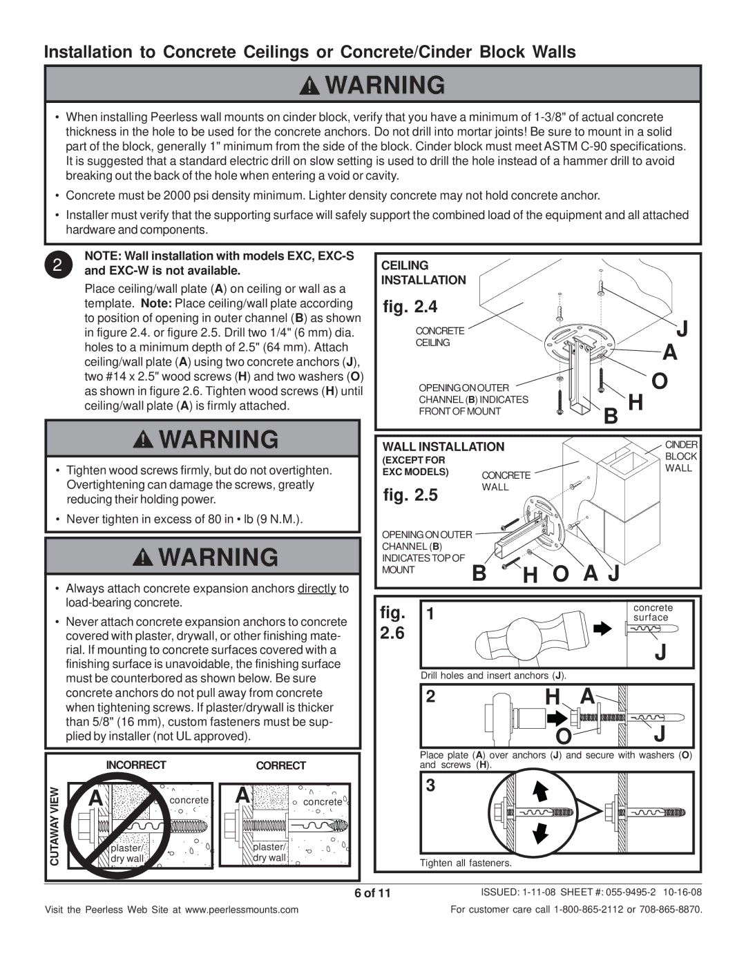 Peerless Industries EXC-S, EXB-S, EXB-W, EXA-W, EXA-S, EXC-W manual Ceiling, Wall Installation, Incorrect Correct, View 