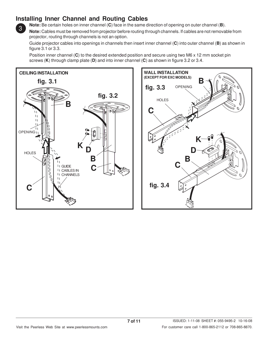 Peerless Industries EXC-W, EXC-S, EXB-S, EXB-W, EXA-W, EXA-S Installing Inner Channel and Routing Cables, Ceiling Installation 