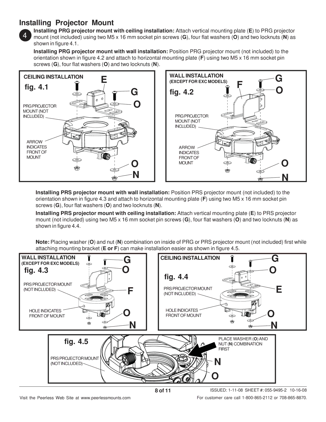 Peerless Industries EXC-S, EXB-S, EXB-W, EXA-W, EXA-S, EXC-W manual Installing Projector Mount, Ceiling Installation 