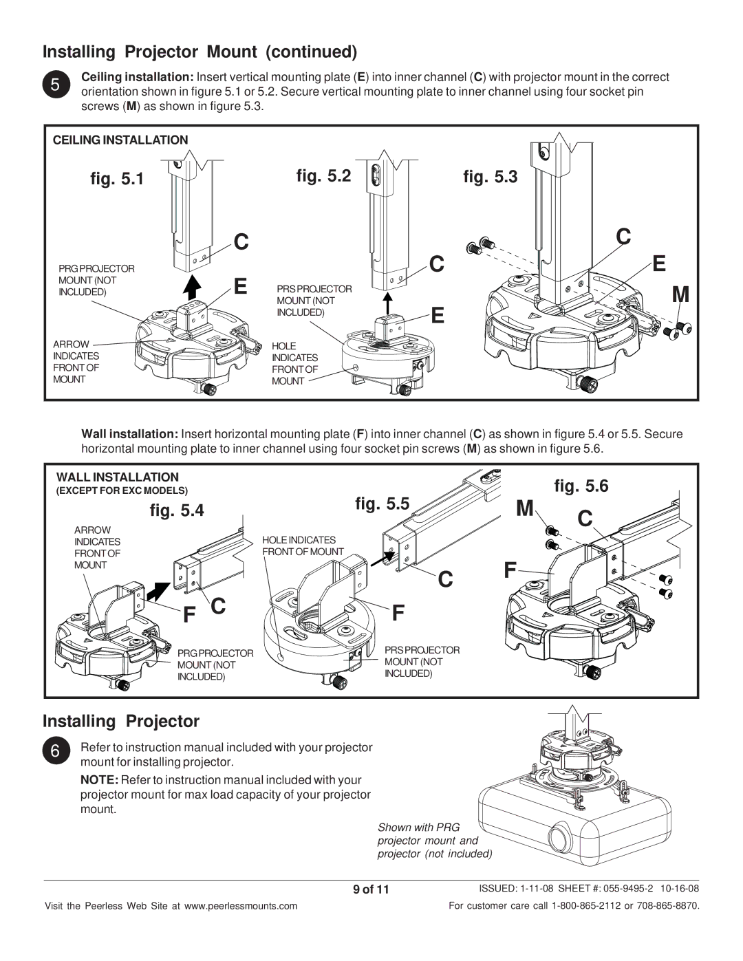 Peerless Industries EXC-S, EXB-S, EXB-W, EXA-W, EXA-S, EXC-W manual Installing Projector, Mount for installing projector 