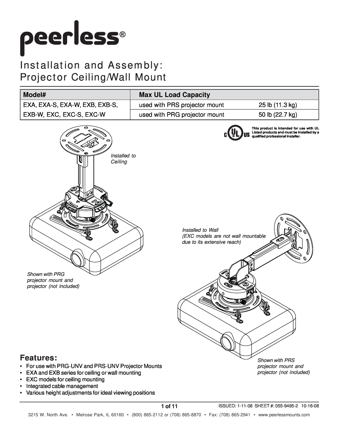 Peerless Industries EXB-S manual Features, For use with PRG-UNV and PRS-UNV Projector Mounts, Model#, Max UL Load Capacity 
