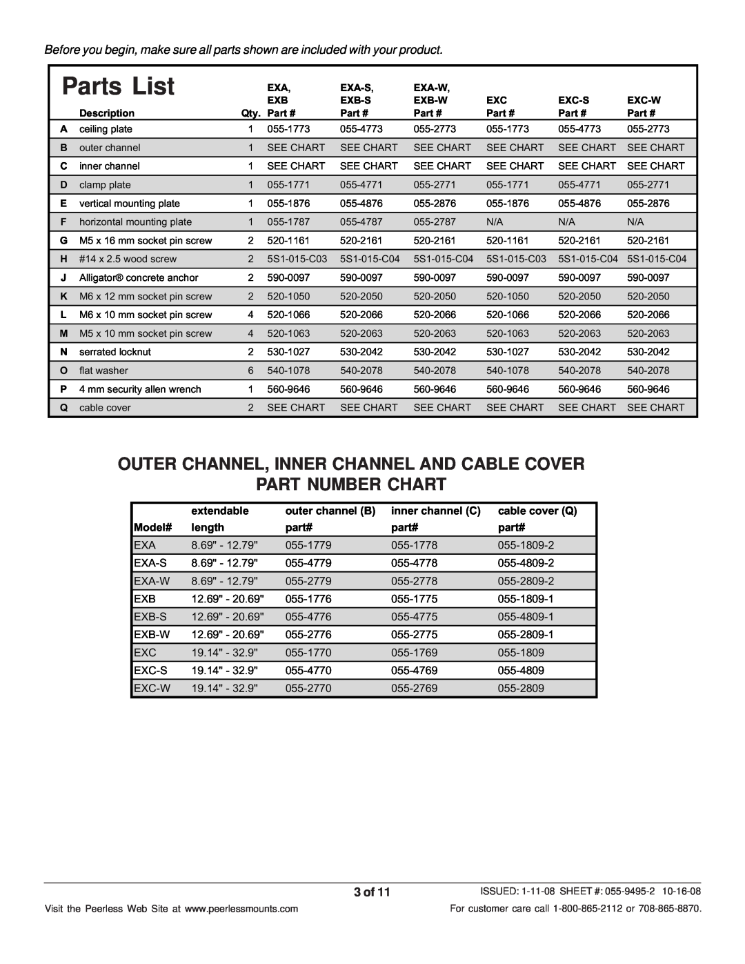 Peerless Industries EXA-W Outer Channel, Inner Channel And Cable Cover Part Number Chart, Parts List, extendable, Model# 