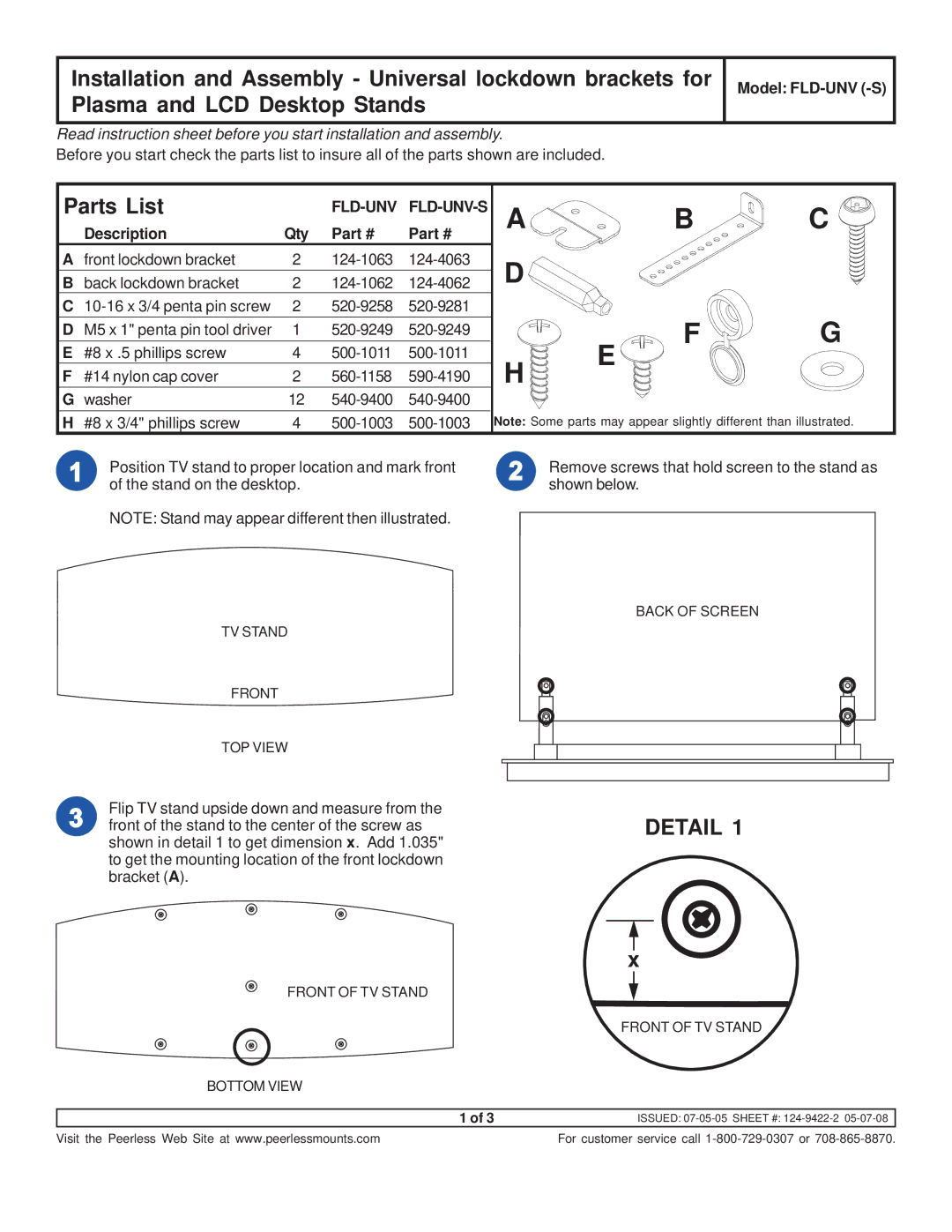 Peerless Industries instruction sheet Parts List, Detail, Model FLD-UNV -S, Fld-Unv Fld-Unv-S, Description Qty 