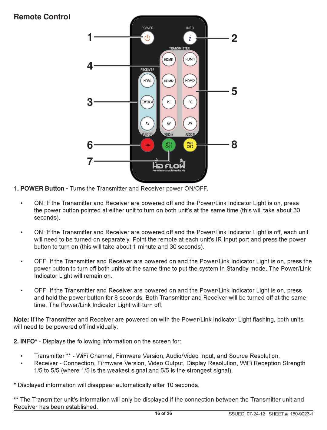 Peerless Industries HDS200 user manual Remote Control 