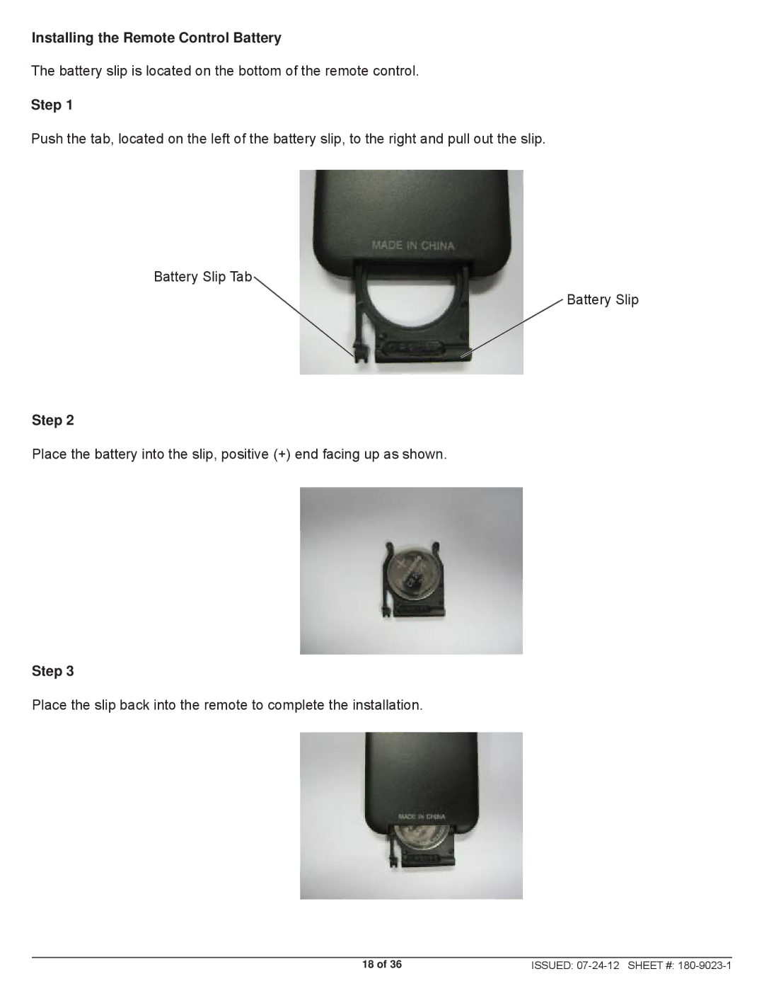 Peerless Industries HDS200 user manual Installing the Remote Control Battery, Step 