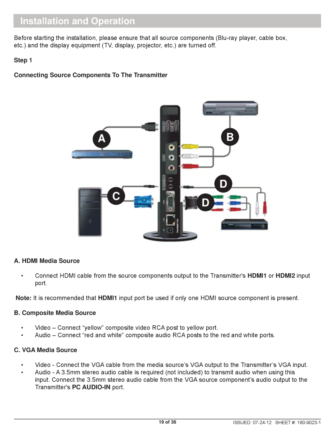 Peerless Industries HDS200 user manual Installation and Operation, Composite Media Source, VGA Media Source 