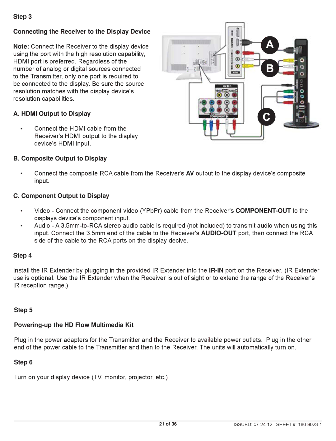 Peerless Industries HDS200 user manual Composite Output to Display, Component Output to Display 