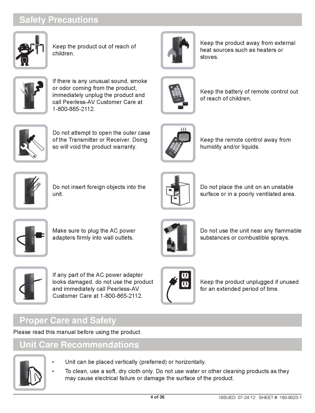 Peerless Industries HDS200 user manual Safety Precautions, Proper Care and Safety, Unit Care Recommendations 