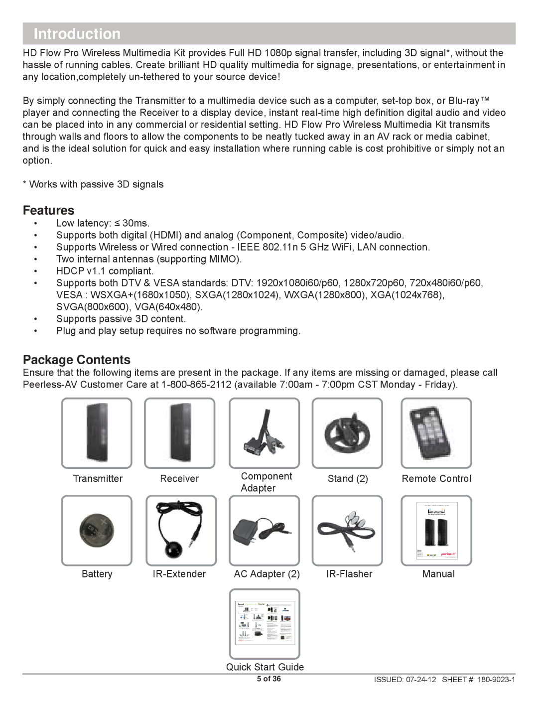 Peerless Industries HDS200 user manual Introduction, Features, Package Contents 