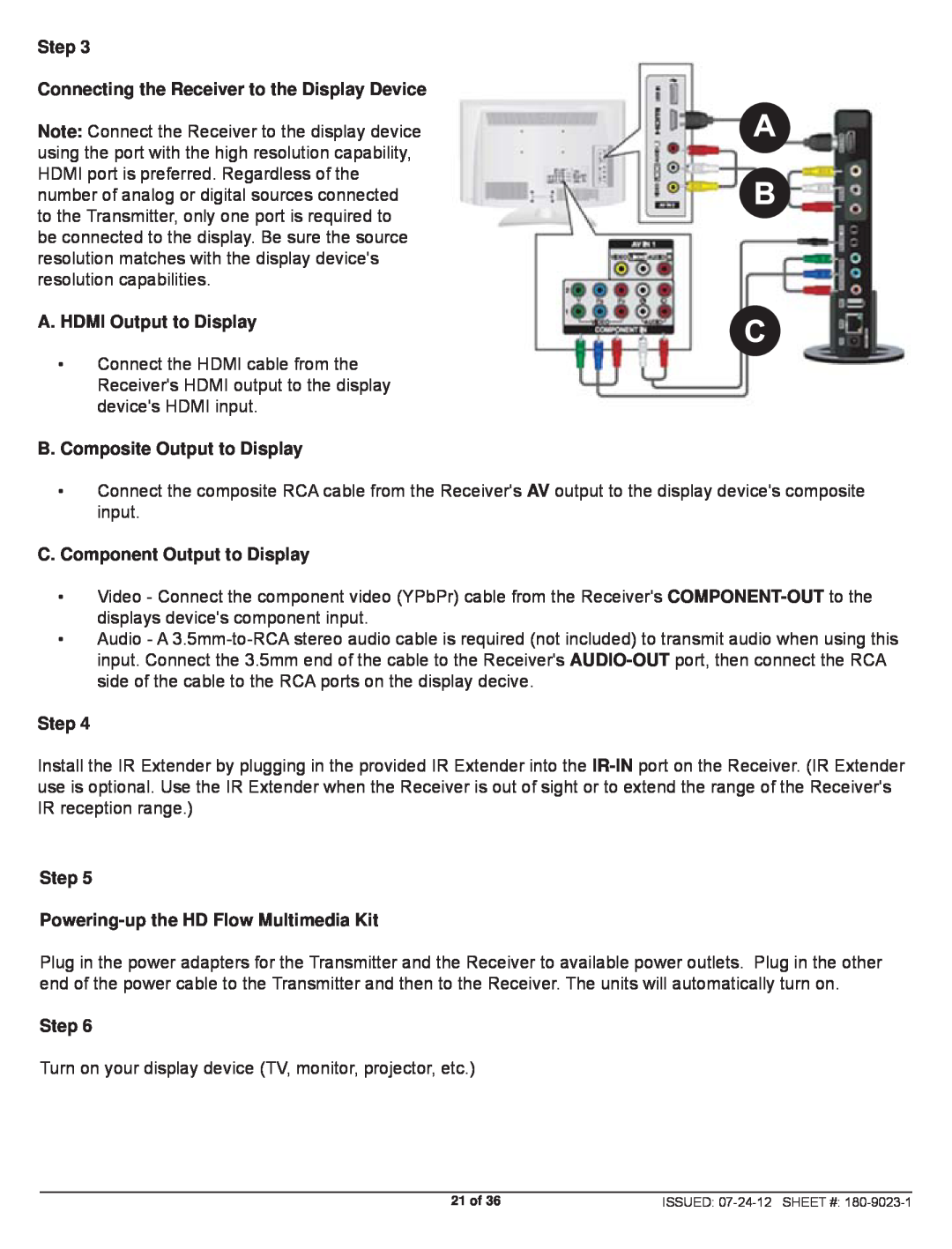 Peerless Industries HDS200 user manual Step Connecting the Receiver to the Display Device, A. HDMI Output to Display 