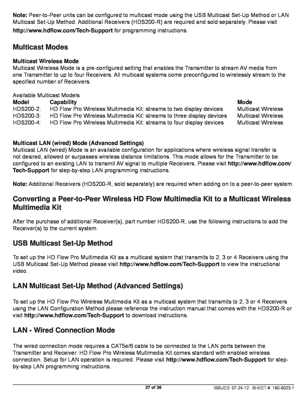 Peerless Industries HDS200 Multicast Modes, USB Multicast Set-Up Method, LAN Multicast Set-Up Method Advanced Settings 
