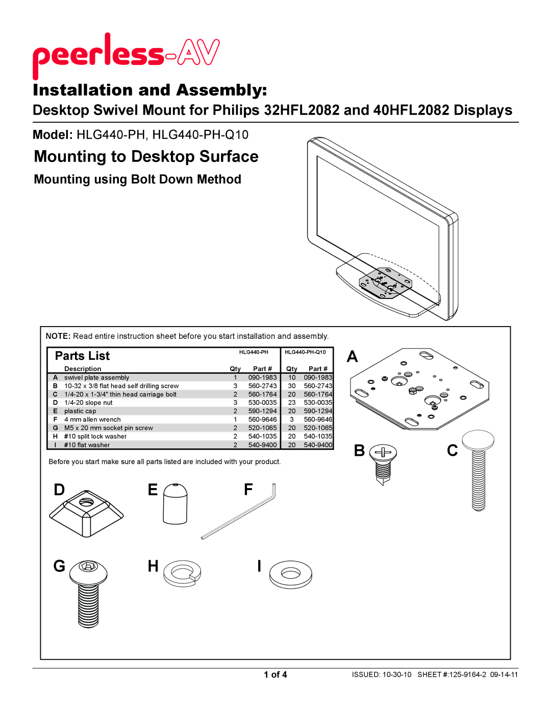 Peerless Industries HLG440-PH-Q10 instruction sheet Installation and Assembly 