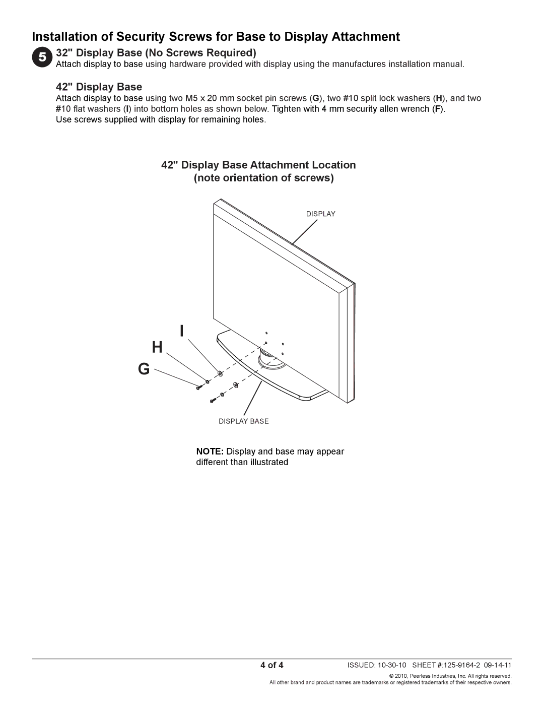 Peerless Industries HLG440-PH-Q10 instruction sheet Display Base No Screws Required 