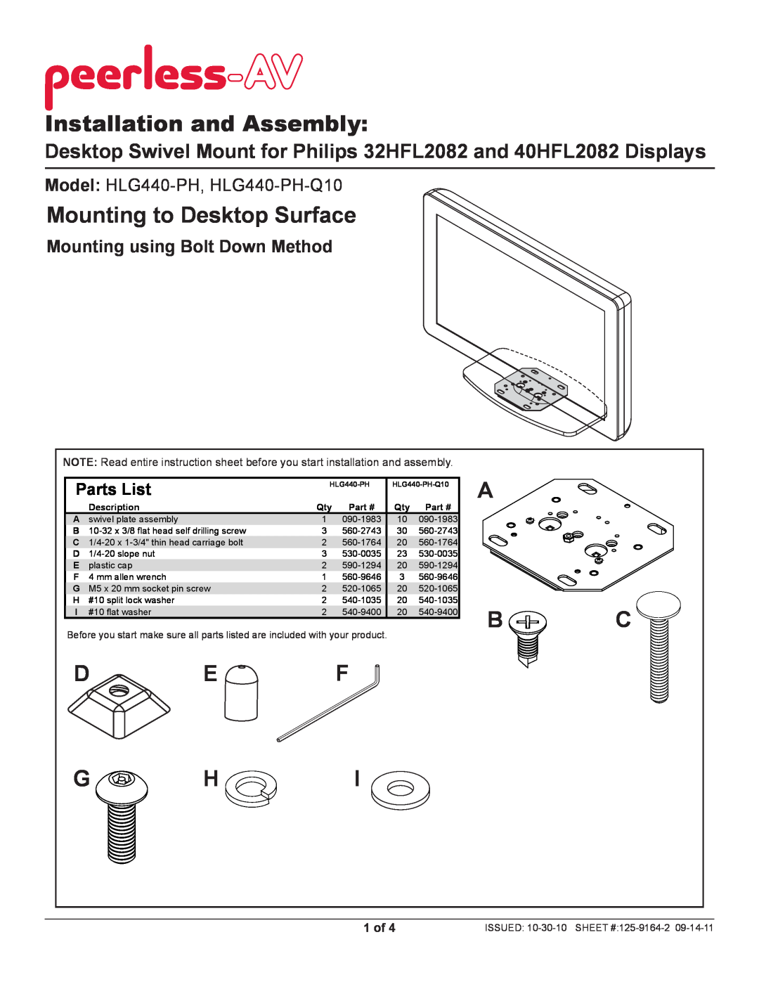 Peerless Industries HLG440-PH instruction sheet Installation and Assembly, Mounting to Desktop Surface, D E F, A B C, 1 of 